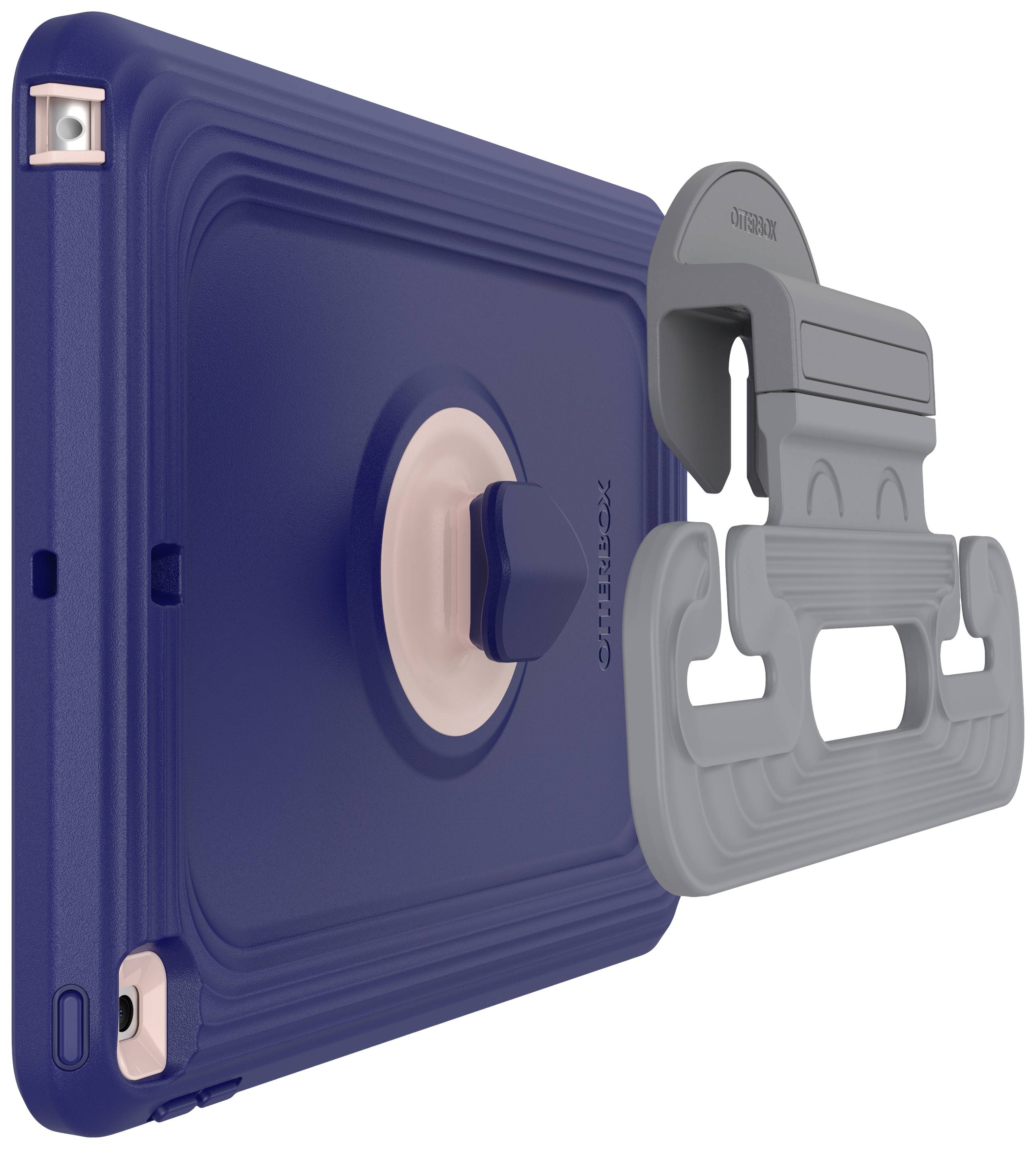 Solidne etui na tablet z ciemnoniebieską powierzchnią, różową wewnętrzną opaską i szarą podstawką do wielofunkcyjnego użycia.