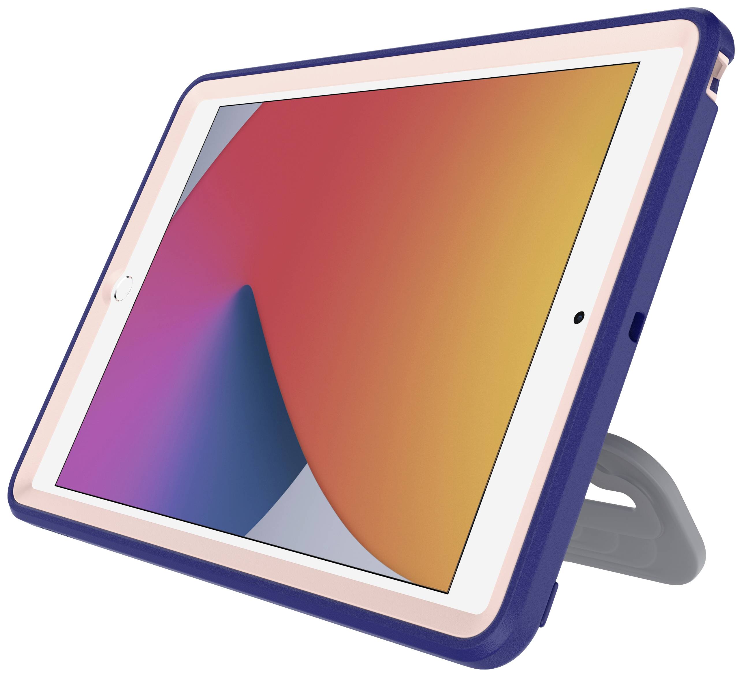 Tablet z etui ochronnym i podstawką, na ekranie wyświetlane jest abstrakcyjne tło w kolorach czerwonym, niebieskim i żółtym.