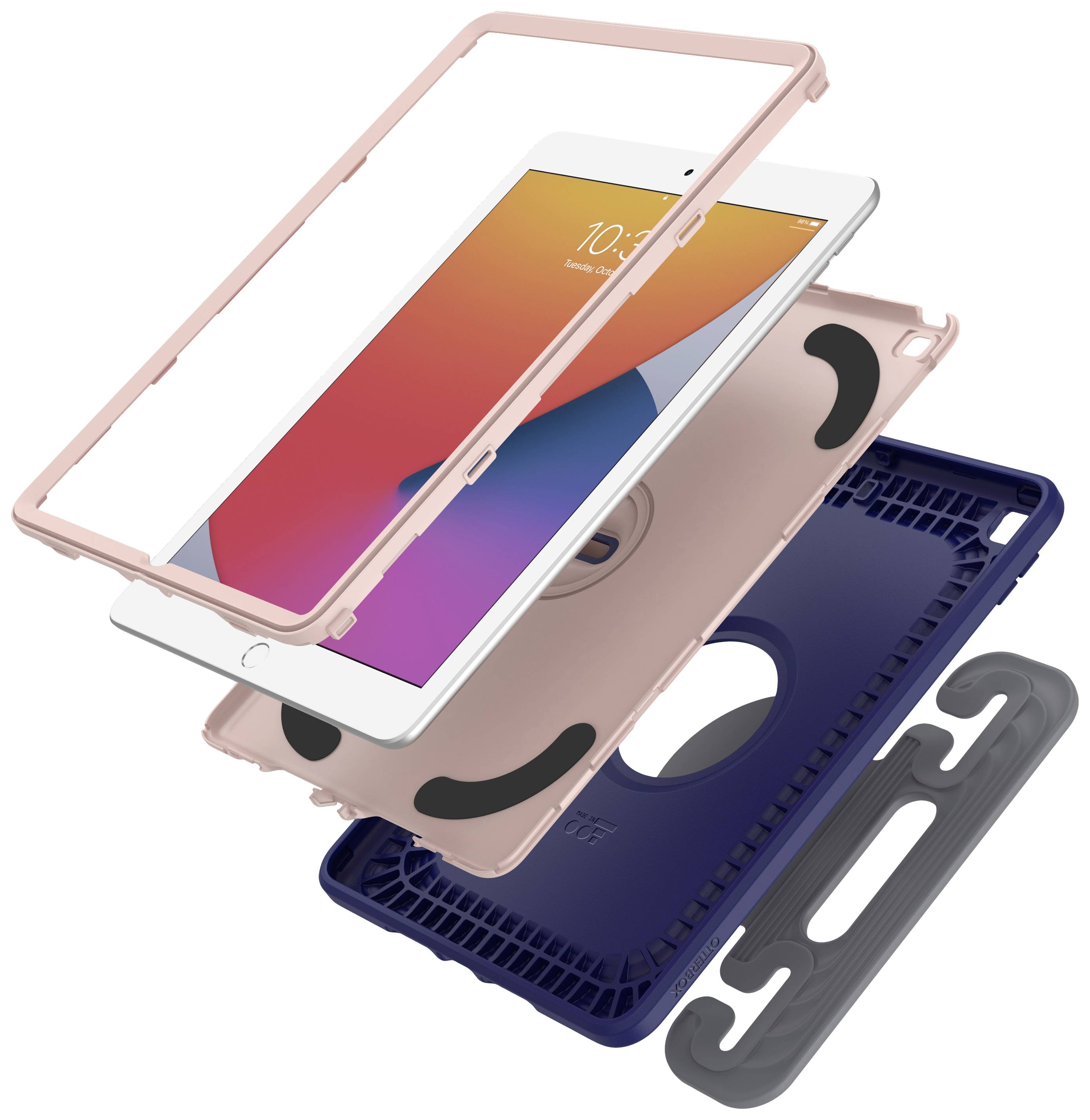 Obudowy do tabletu w widoku rozstrzelonym, prezentujące różne elementy ochronne i projektowe w kolorach różowym, niebieskim i szarym.