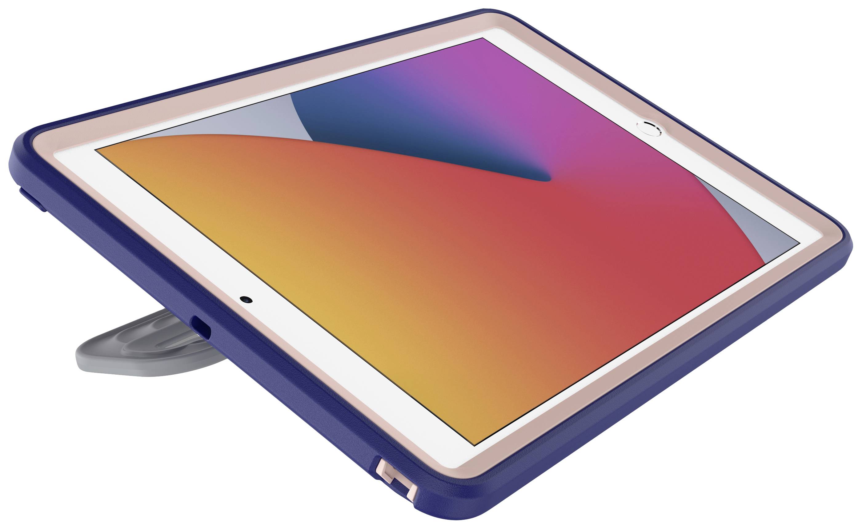 Tablet w etui spoczywa pod skosem na stojaku, wyświetlając kolorowy ekran.