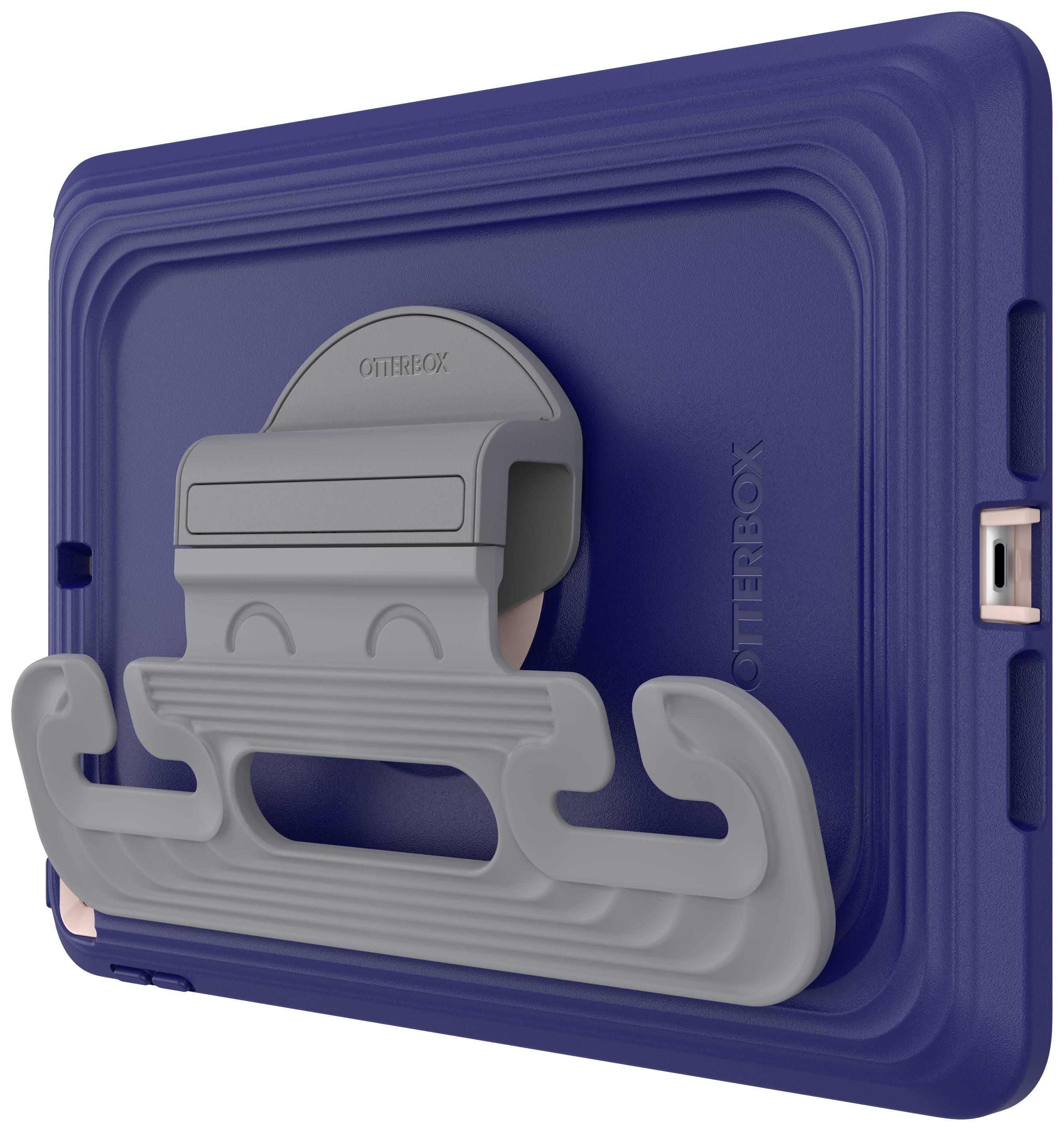 Niebieskie etui z wytrzymałą ramką Otterbox oraz szarym, składanym stojakiem, który utrzymuje urządzenie w pozycji pionowej.