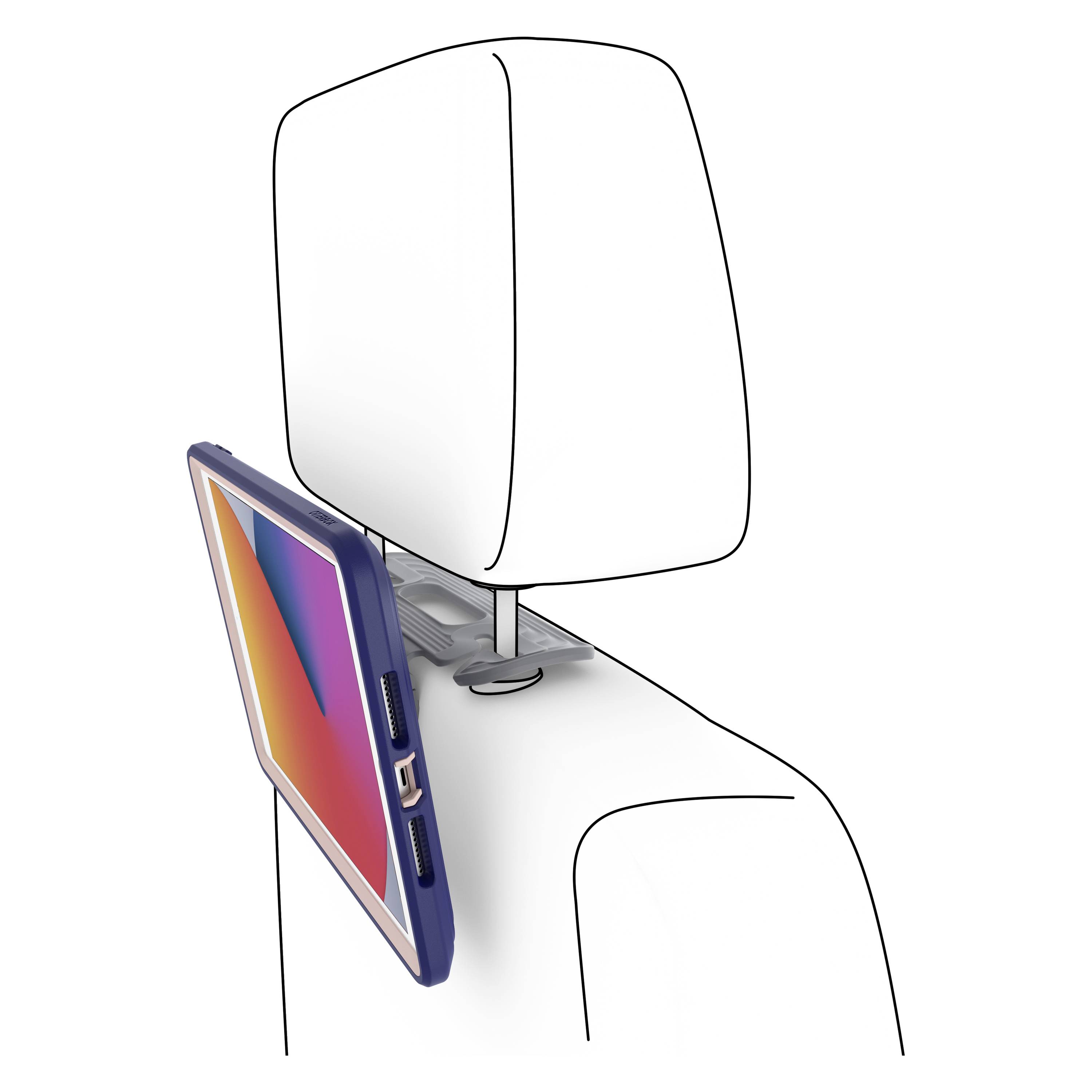 Uchwyt na tablet zamontowany z tyłu zagłówka samochodu, prezentujący tablet w pozycji poziomej.