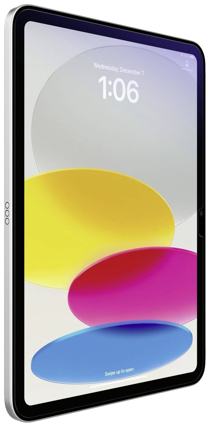 Tablet z kolorowym ekranem wyświetla godzinę 1:06 i datę Środa, 7 grudnia. Ekran blokady z komunikatem 'Przesuń, aby odblokować'.