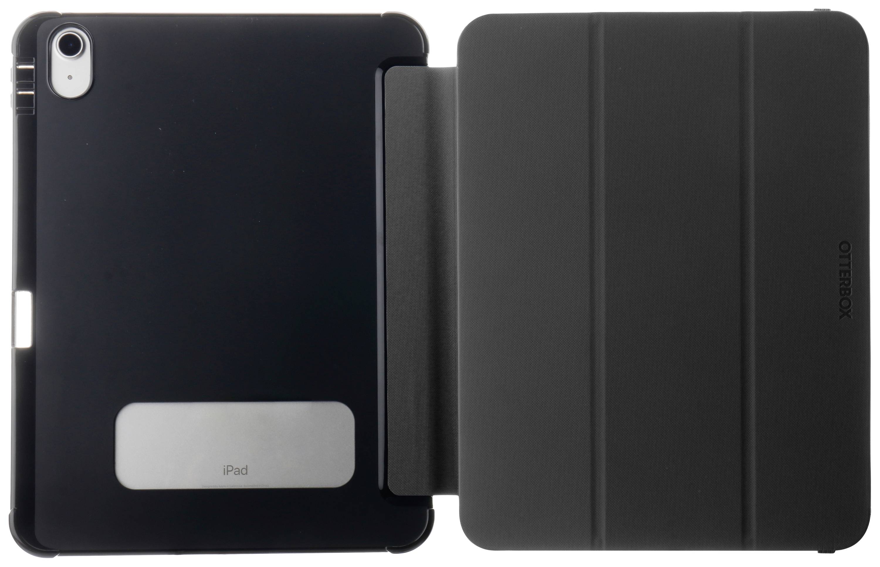 Czarny tablet w etui ochronnym. Etui jest lekko otwarte, ukazując tył tabletu z srebrnym emblematem.