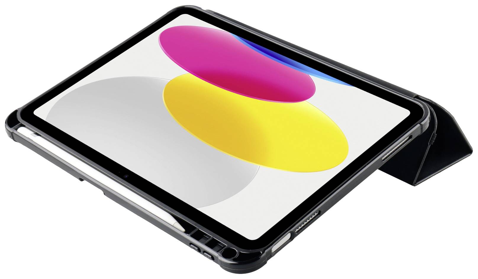 Tablet na stojaku z jasnym ekranem, wyświetlający kolorowe, nakładające się na siebie okręgi w kolorach różowym, żółtym i niebieskim na szarym tle.