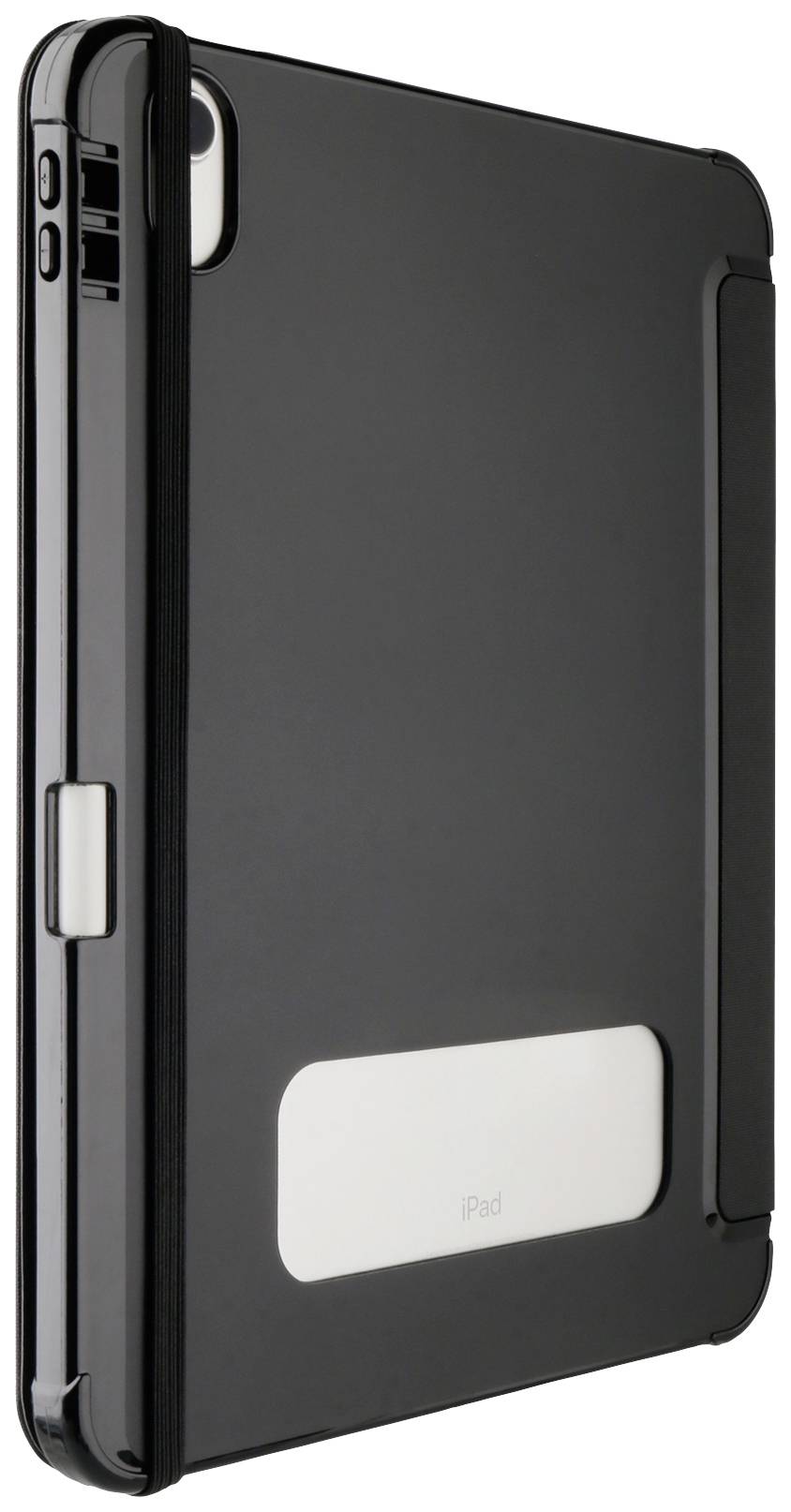 Czarna obudowa tabletu z elastyczną opaską i otworem na aparat, zapewniająca ochronę i funkcjonalność urządzenia elektronicznego.