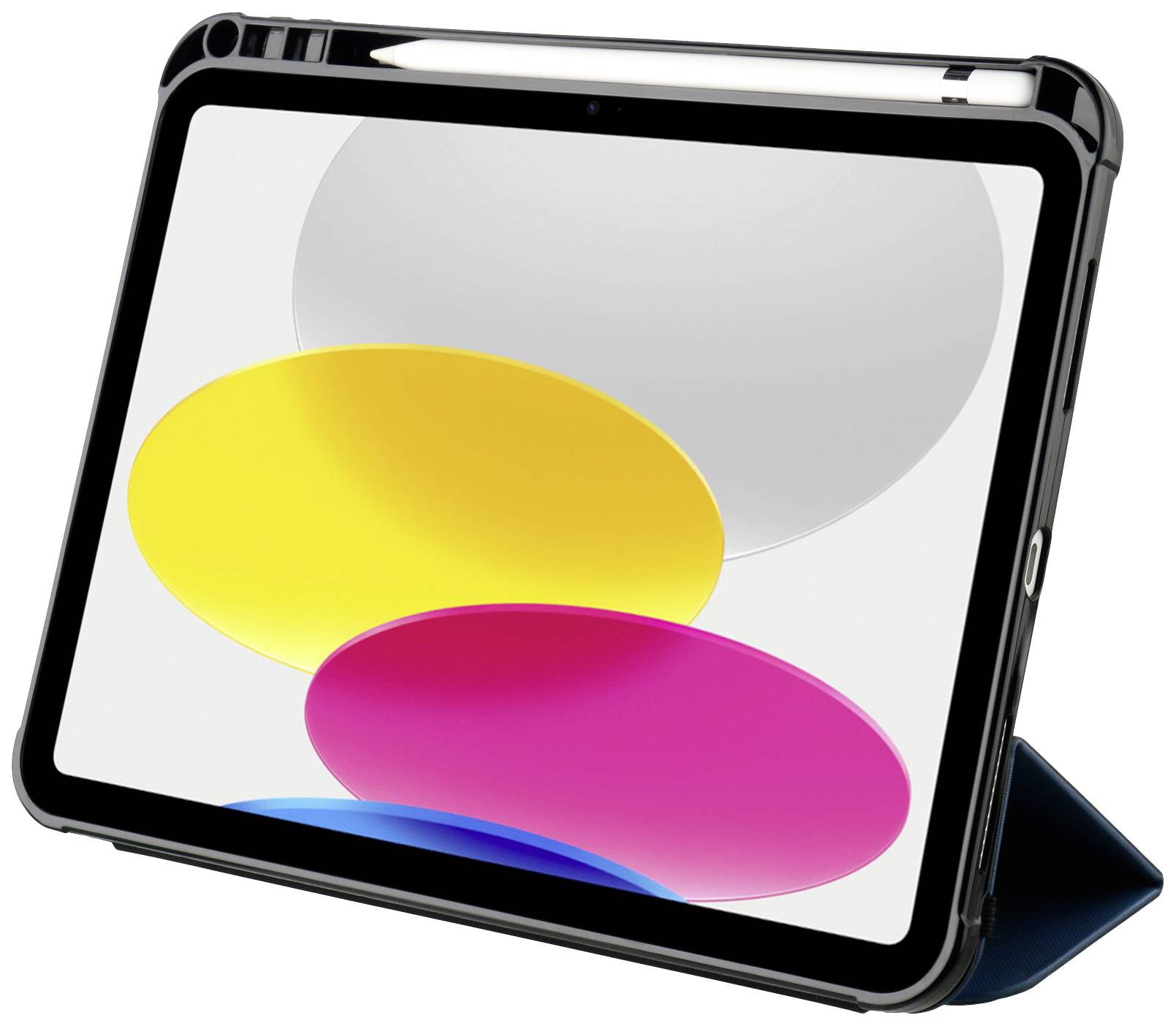 Tablet w etui z kolorowym designem ekranu, przedstawiającym żółte, różowe i szare owalne kształty. Na górze leży rysik.