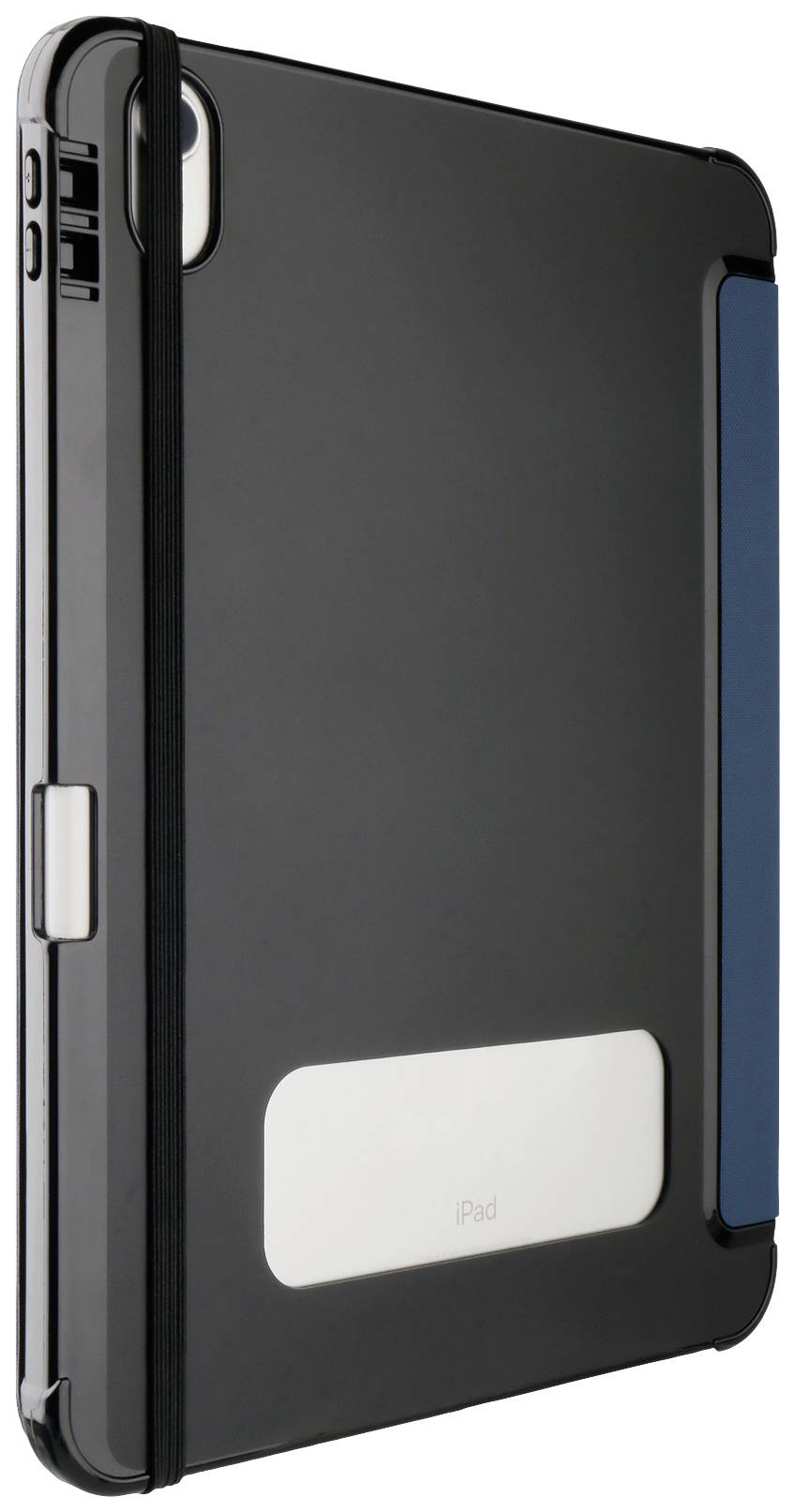 Czarna obudowa do tabletu z elastyczną gumką i wycięciami na przyciski oraz kamerę. Z tyłu biały prostokąt.