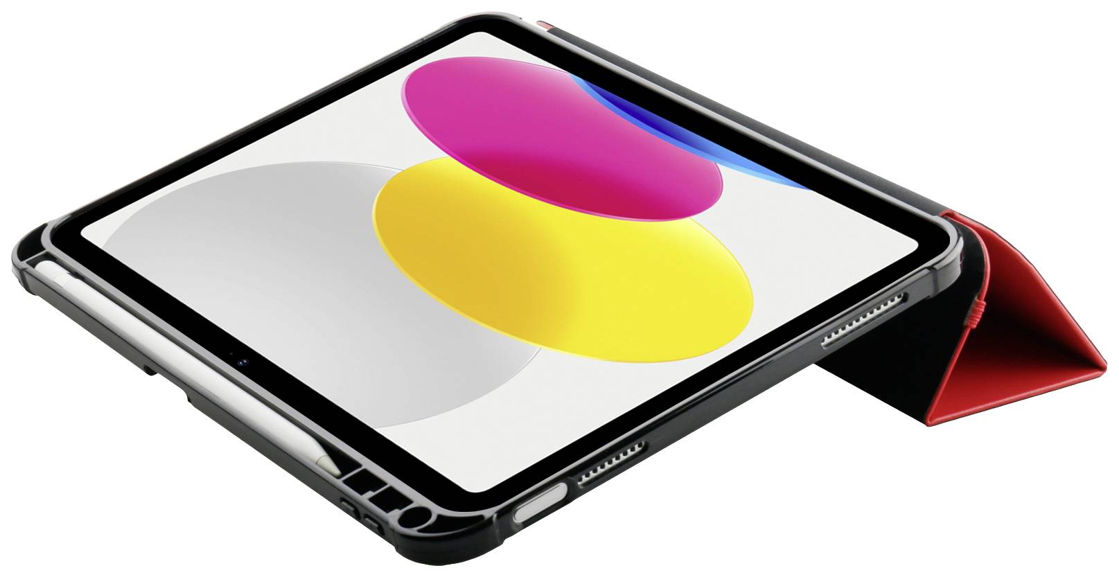 Tablet z wygiętą okładką, kolorowe koła na wyświetlaczu. Widoczne głównie żółte, różowe i niebieskie koło.