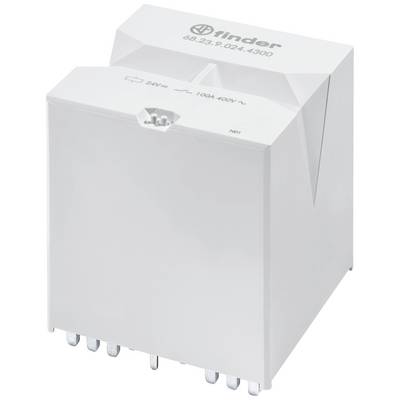 Białe przekaźniki Finder, numer modelu 68.23, do 24V, 100A przy 400V~. Urządzenie ma kształt prostopadłościanu z metalowymi stykami od spodu.