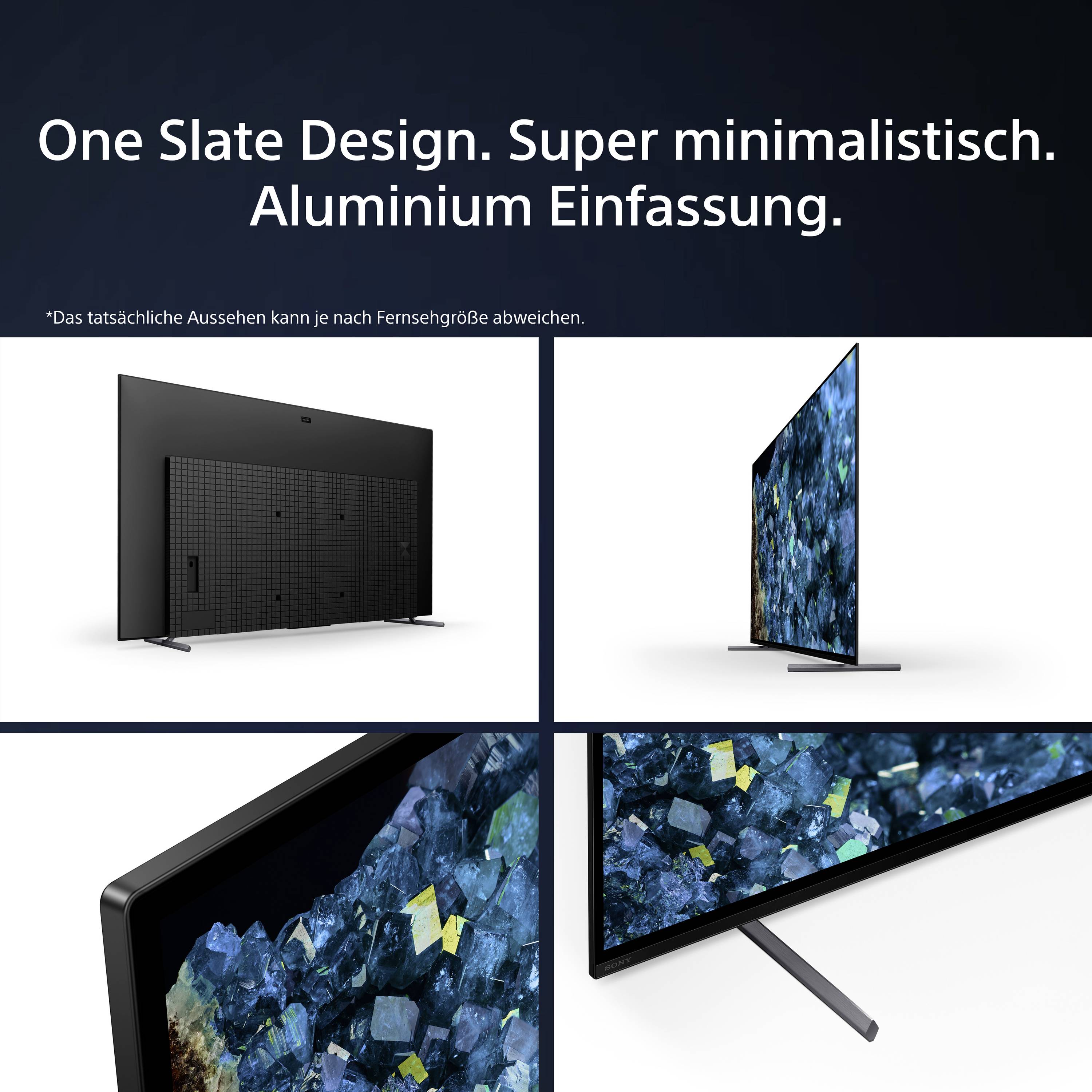 Ultracienki telewizor z aluminiową ramką jest przedstawiony z różnych perspektyw. Tekst opisuje design jako minimalistyczny.