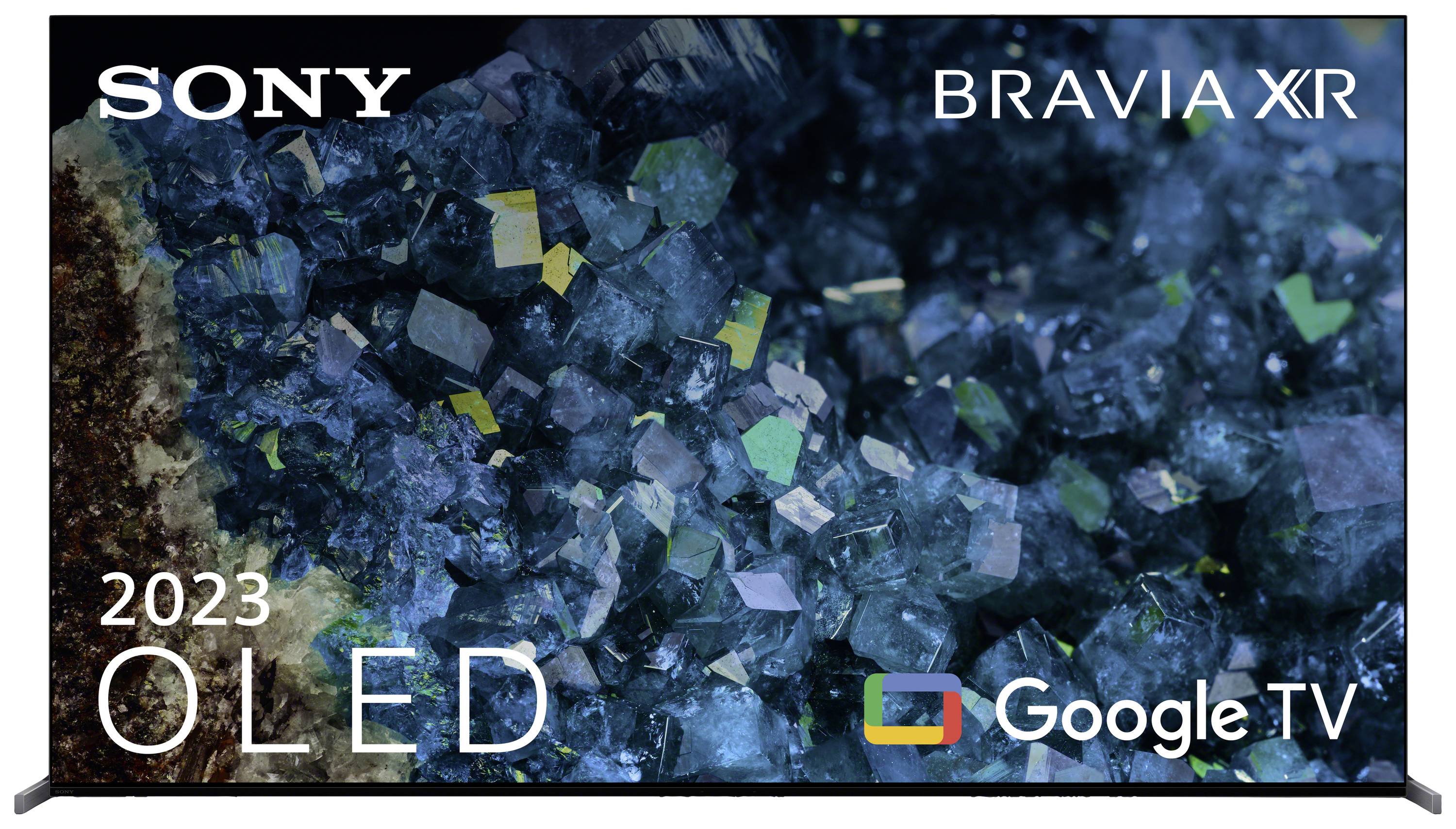 'Telewizor Sony Bravia XR OLED 2023 z systemem Google TV. Obraz przedstawia błyszczące, niebieskie kryształy na tle.'