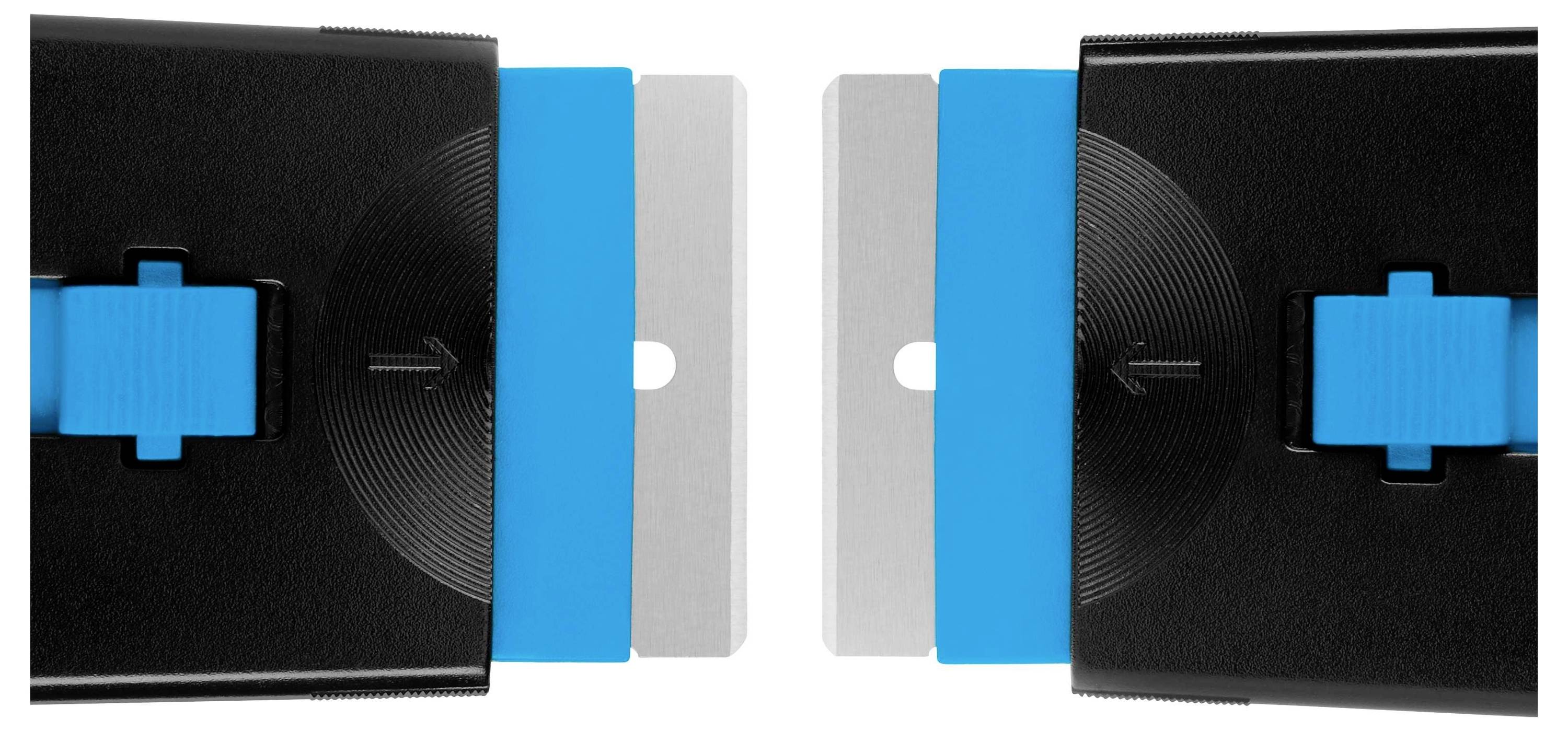 Dwa czarne, prostokątne obiekty z niebieskimi suwakami pośrodku, leżące naprzeciw siebie.