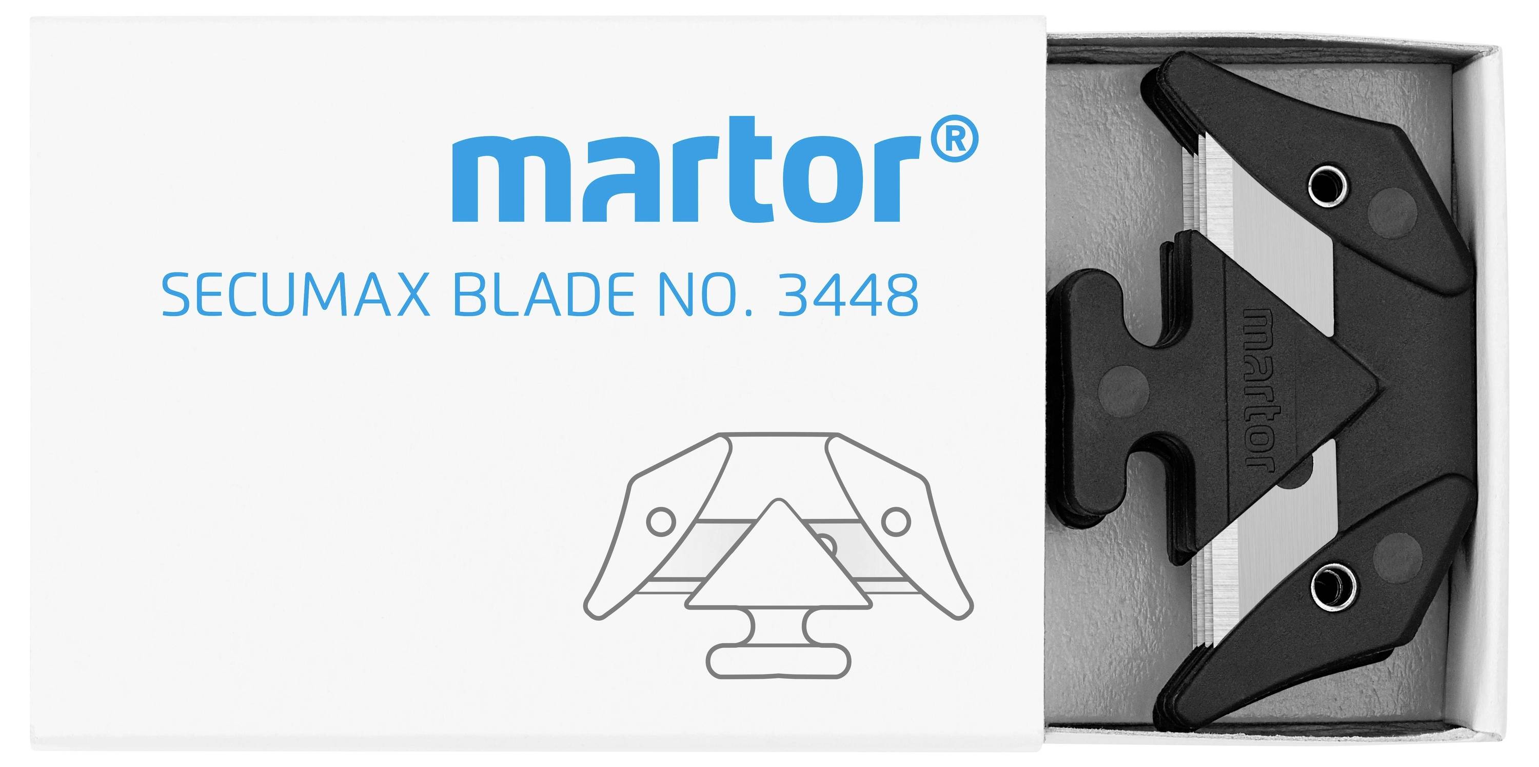 Otwarte pudełko z czarnym bezpiecznym ostrzem 'SECUMAX BLADE NO. 3448' firmy Martor, przedstawione na białym tle.