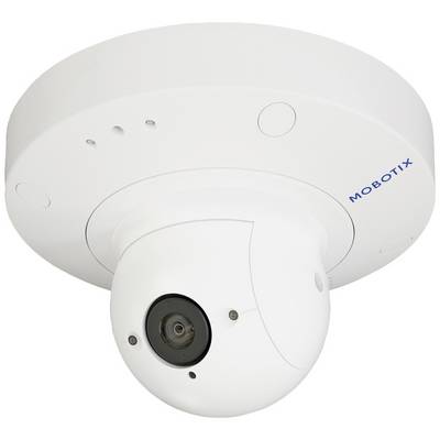 Biała kamera monitoringu z logo 'Mobotix' na boku, zamontowana na suficie, skierowana w dół.