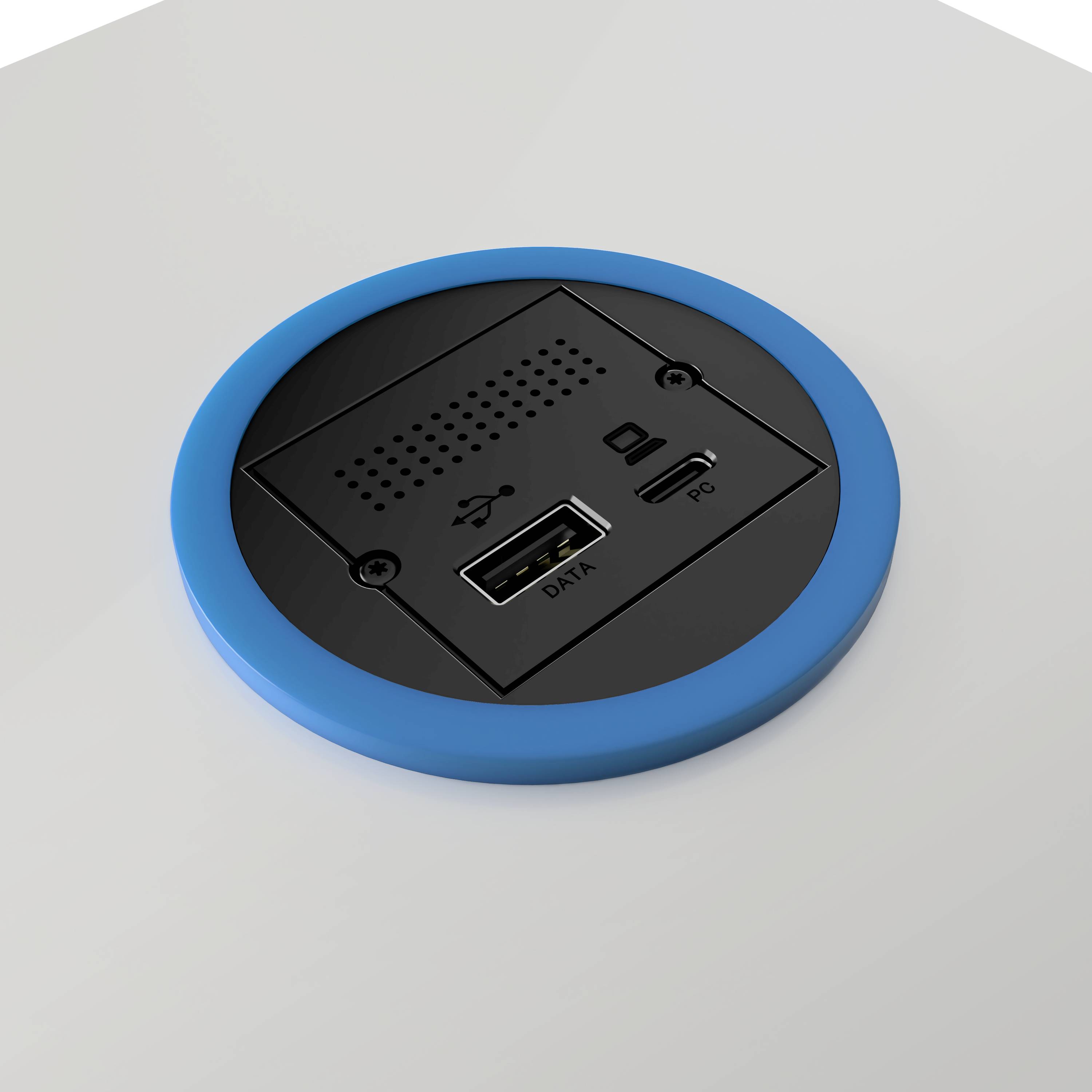Osadzony port USB w niebieskiej oprawie kołowej na białej powierzchni, przeznaczony do przesyłania danych i podłączania zasilania.