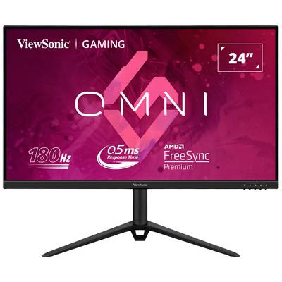 Monitor gamingowy ViewSonic z ekranem 24-calowym, 180 Hz, czasem reakcji 0,5 ms, z technologią AMD FreeSync Premium. Czerwone tło graficzne.