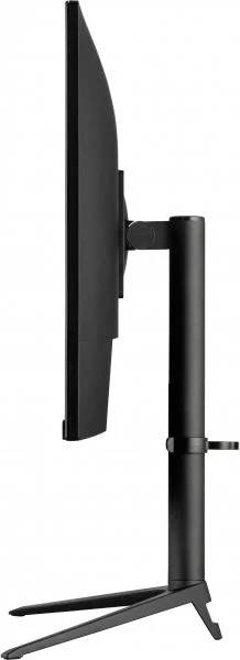 Widok z boku cienkiego ekranu komputerowego z regulowaną podstawą. Ekran jest czarny i zaprojektowany w nowoczesnym stylu.