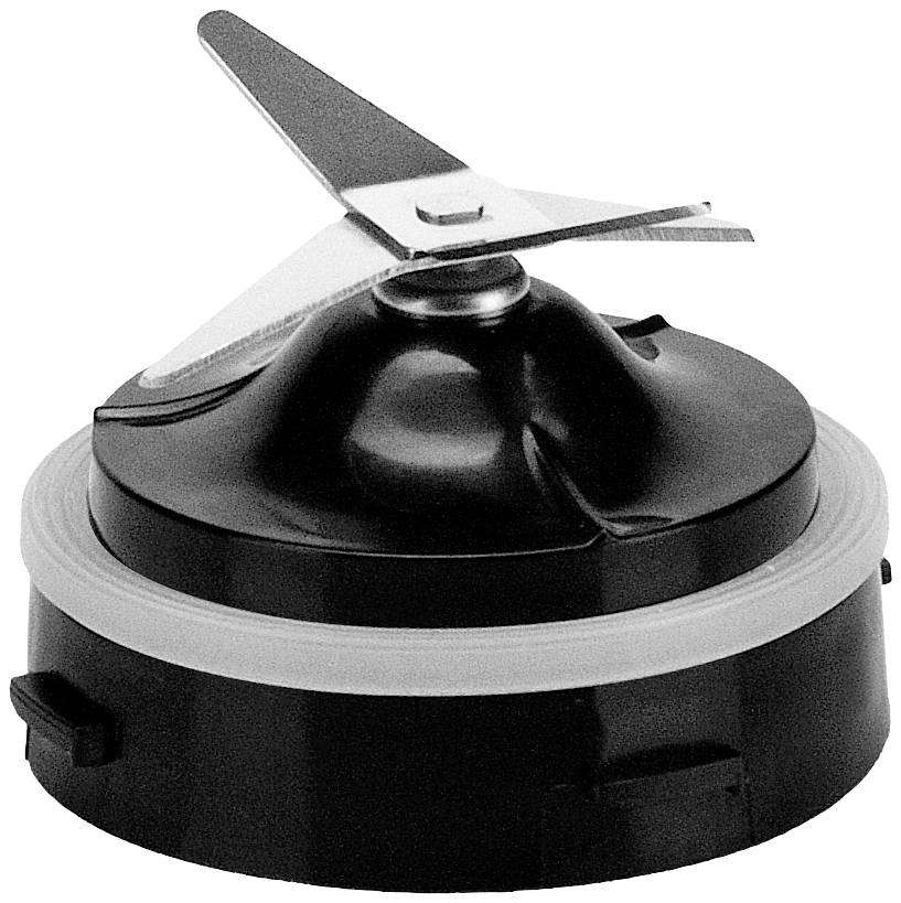 Czarny nóż do miksera kuchennego z dwoma srebrnymi ostrzami ułożonymi w kształcie krzyża, zamontowany na czarnej podstawie z białą obwódką.