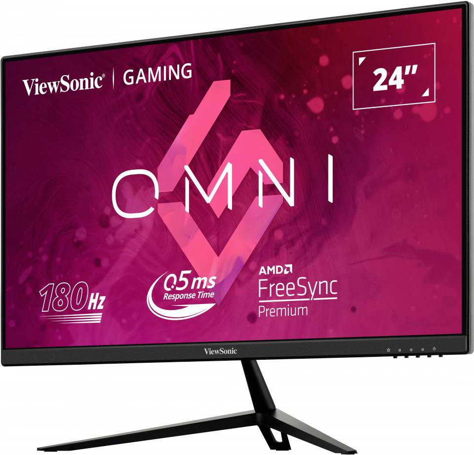 Monitor gamingowy ViewSonic o przekątnej 24 cali, częstotliwości odświeżania 180 Hz i czasie reakcji 0,5 ms. Obsługuje technologię AMD FreeSync Premium.
