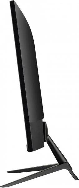 Ultracienki monitor komputerowy przedstawiony z boku, umieszczony na trójnożnym stojaku.