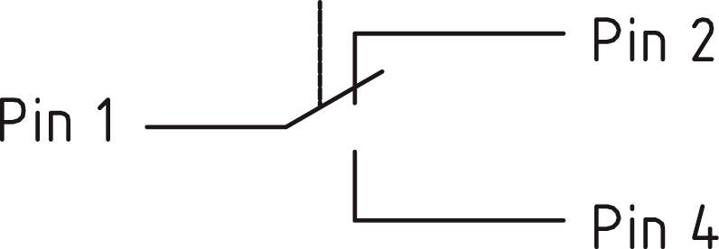 Schemat elektryczny przełącznika: Pin 1 łączy się z Pinem 2 i Pinem 4, przedstawiając zamknięty obwód.