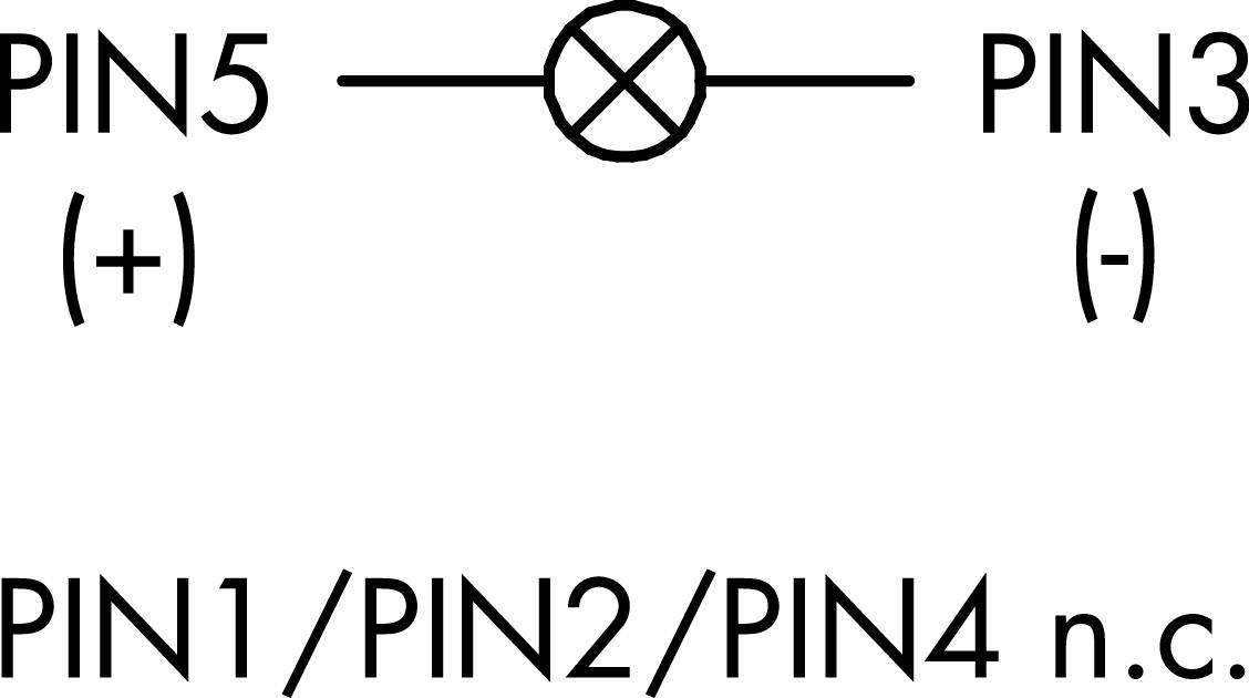 'Symbol przełącznika pokazuje diodę LED między PIN5 (+) a PIN3 (-). PIN1, PIN2 oraz PIN4 nie są podłączone (n.c).'