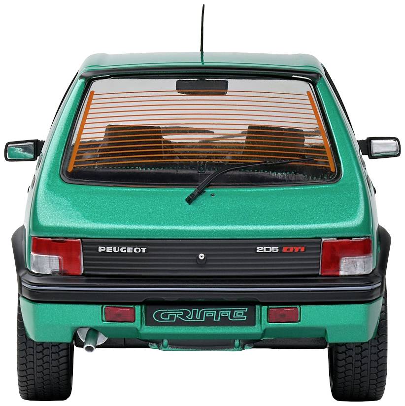 Zielony samochód widziany od tyłu, z pomarańczowymi liniami na tylnej szybie. Widoczna nazwa marki 'Peugeot' oraz model '205 GTI'.