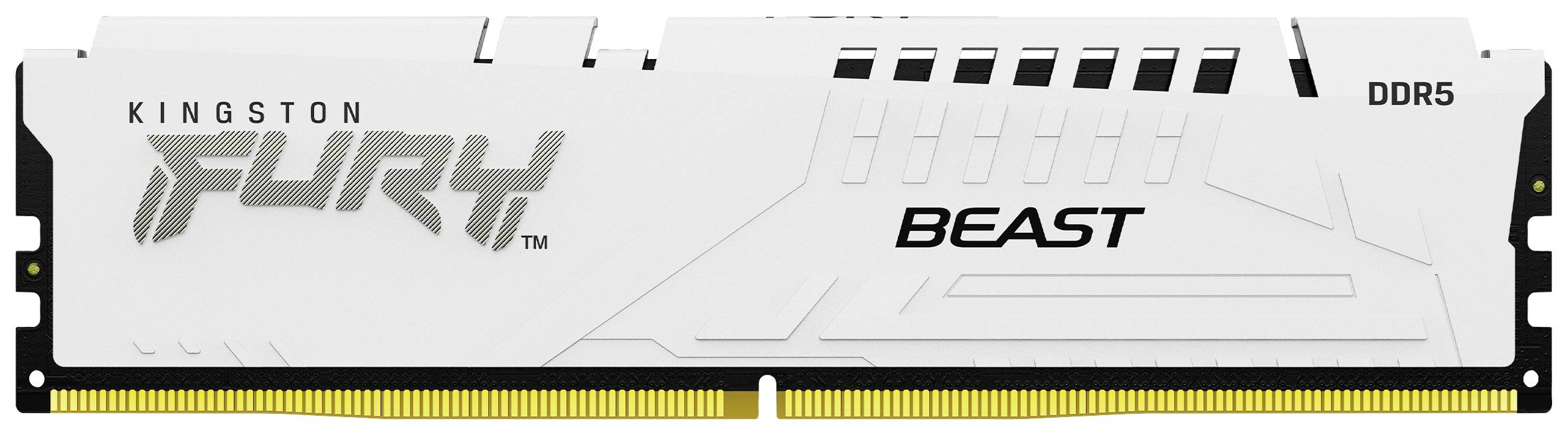 Biały moduł pamięci RAM Kingston DDR5 z napisami 'Fury' i 'Beast'. Moduł posiada nowoczesny, techniczny design.