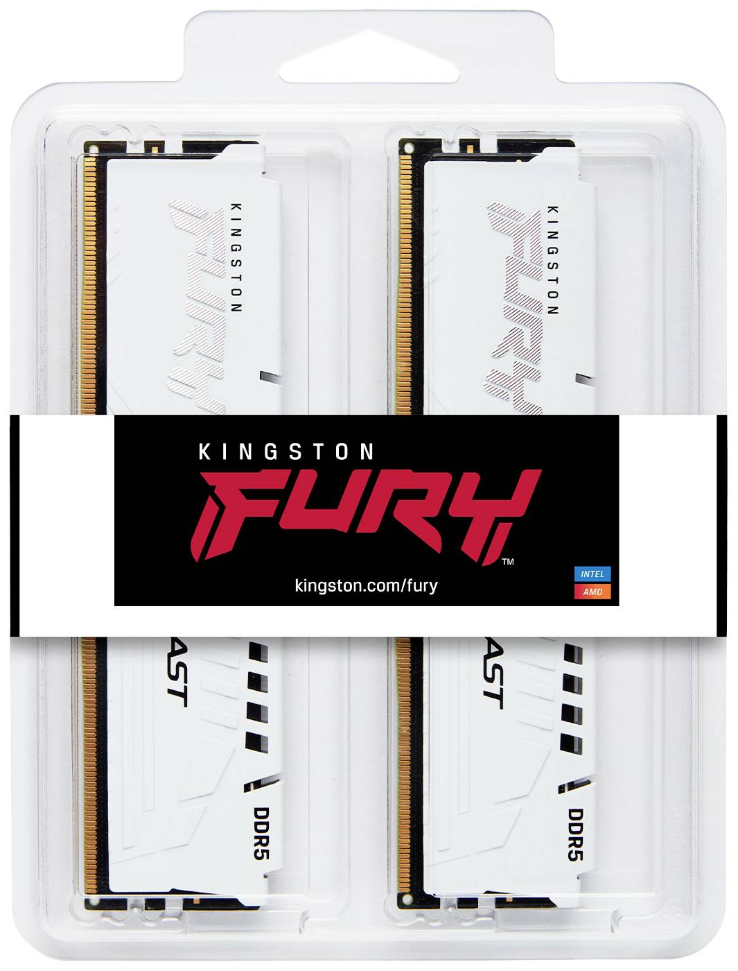 Dwa moduły pamięci RAM Kingston Fury DDR5 w białym opakowaniu z nadrukiem 'Kingston Fury'. Kompatybilne z systemami Intel oraz AMD.