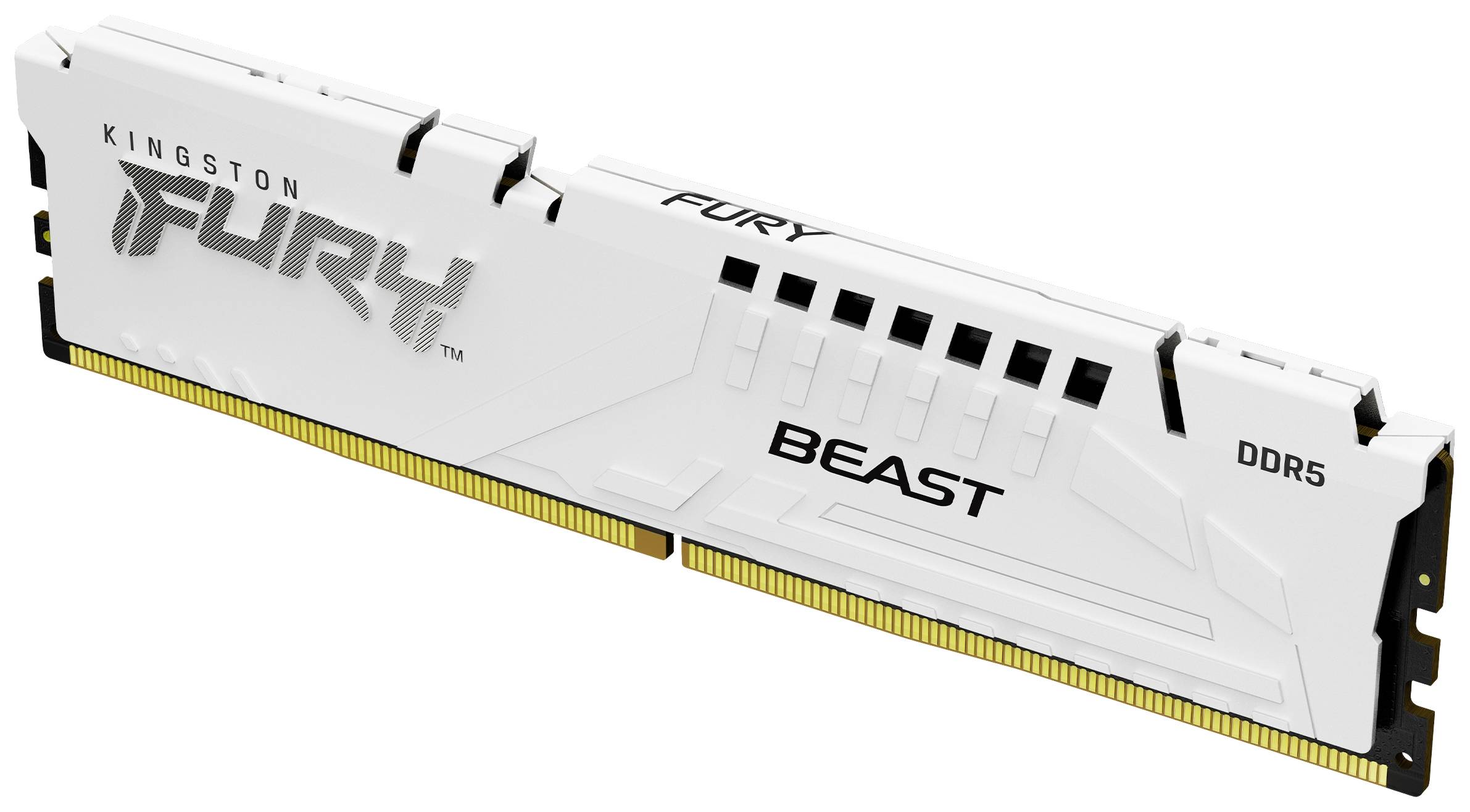 Moduł pamięci RAM Kingston Fury Beast DDR5, w kolorze białym, ze złotym paskiem styków i czarnym napisem, przeznaczony do komputerów PC.