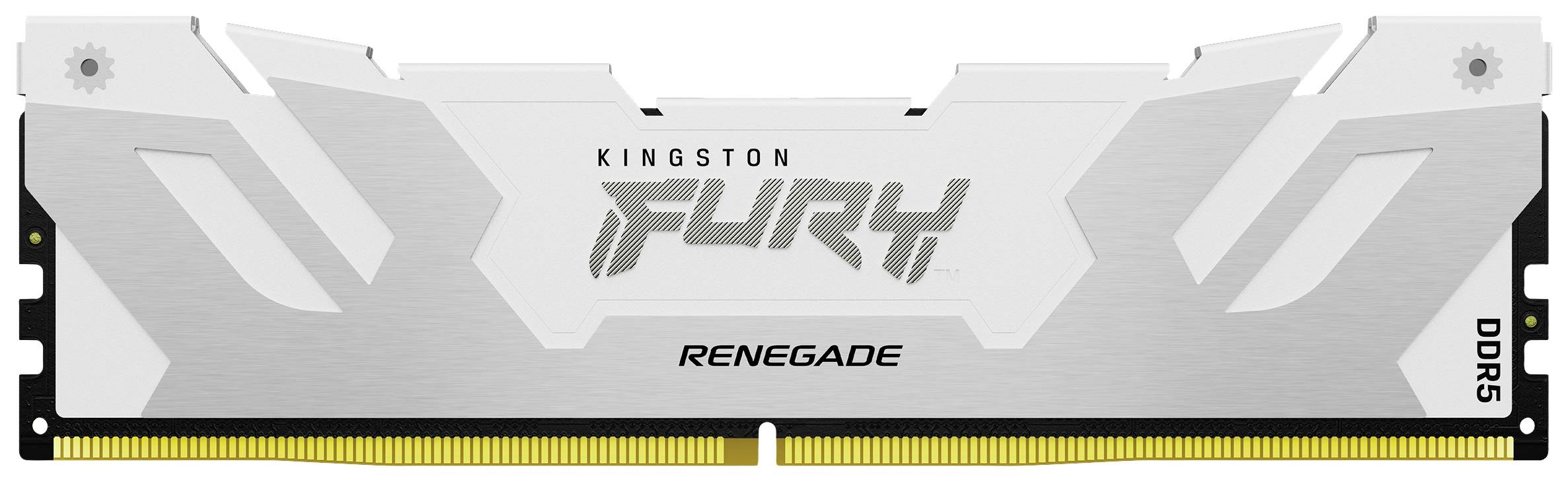 Moduł RAM z nadrukiem 'Kingston FURY Renegade DDR5', w odcieniach srebra i bieli, widziany z boku.