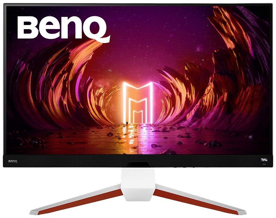 Monitor BenQ wyświetla futurystyczny obraz z jaskrawymi kolorami i centralnym świecącym 'M'.