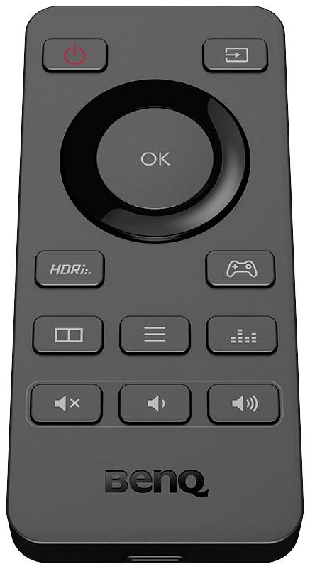 Czarna pilot zdalnego sterowania z wieloma przyciskami, w tym dużym centralnym przyciskiem 'OK' oraz przyciskami do regulacji głośności i zmiany trybu.