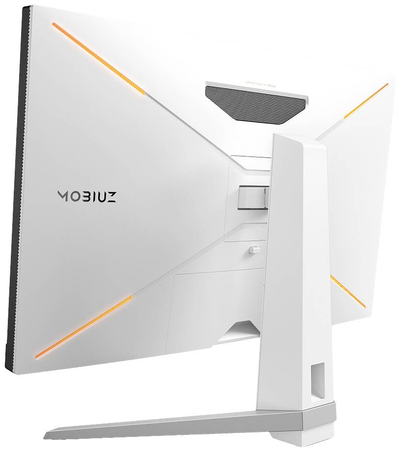 Biały ekran komputerowy o nowoczesnym designie z pomarańczowymi akcentami na tylnej obudowie.