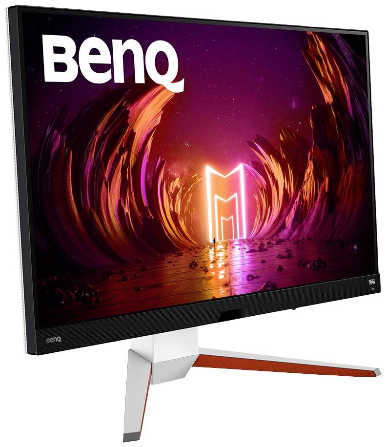 Monitor BenQ z futurystycznym, kolorowym tłem na ekranie, z jasną literą 'M' w centrum.