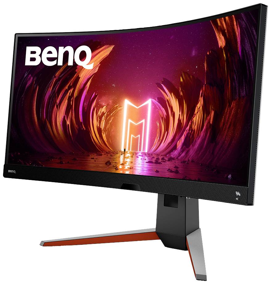 Zakrzywiony monitor z podświetlonym ekranem do gier; prezentuje żywy, futurystyczny design z logo 'BenQ' w lewym górnym rogu.