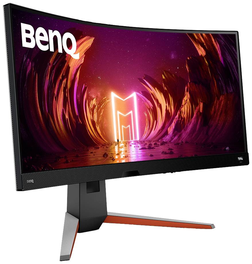 Zakrzywiony monitor do gier firmy BenQ, model EX3415R, z jaskrawoczerwonym abstrakcyjnym obrazem na ekranie.