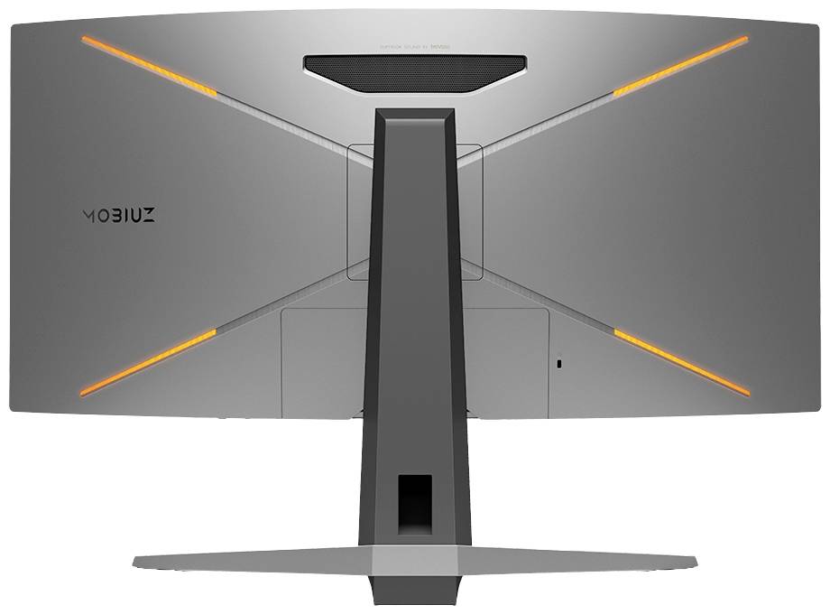 Szary ekran komputerowy z matowym wykończeniem, tylna część z designem w kształcie litery X, pomarańczowe akcenty, koncentrujący się na nowoczesnym wyglądzie.