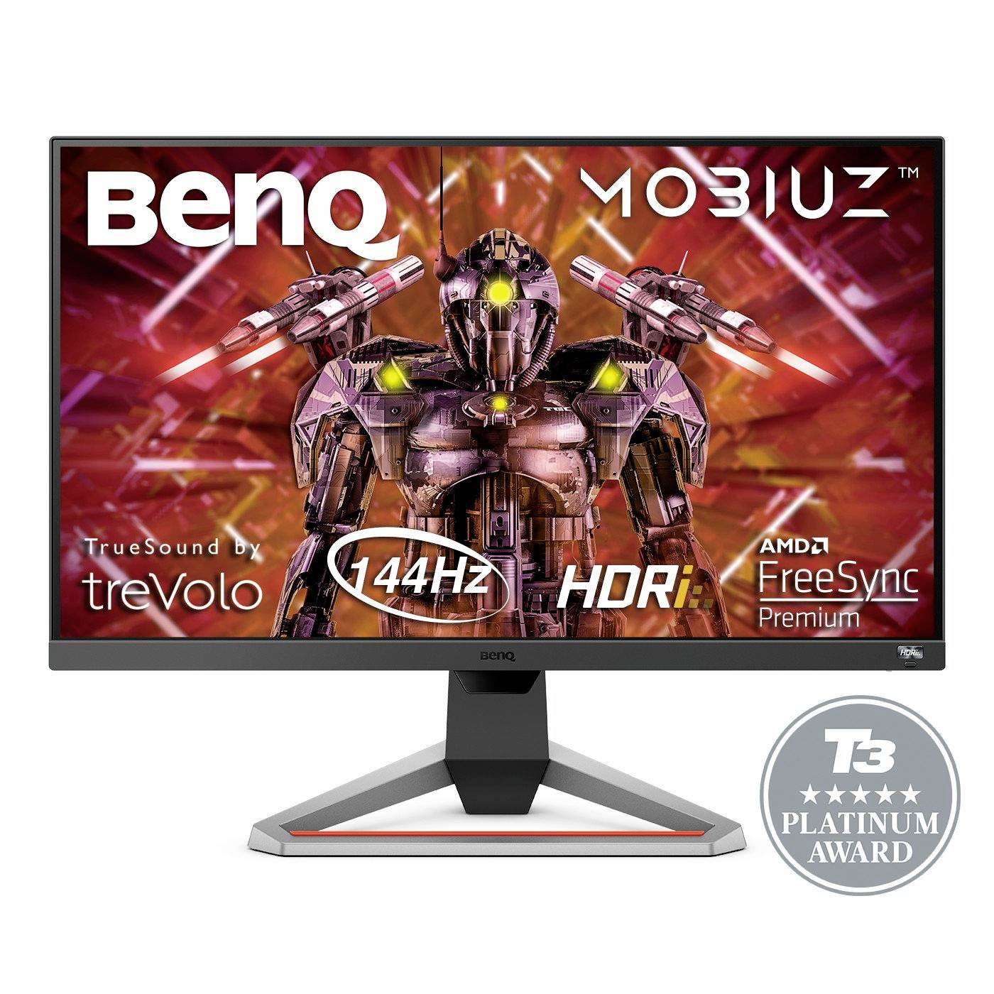 Monitor do gier od BenQ z motywem robotycznym na ekranie. Wyróżnienia: 144 Hz, HDRi, AMD FreeSync Premium, nagroda T3 Platinum Award.