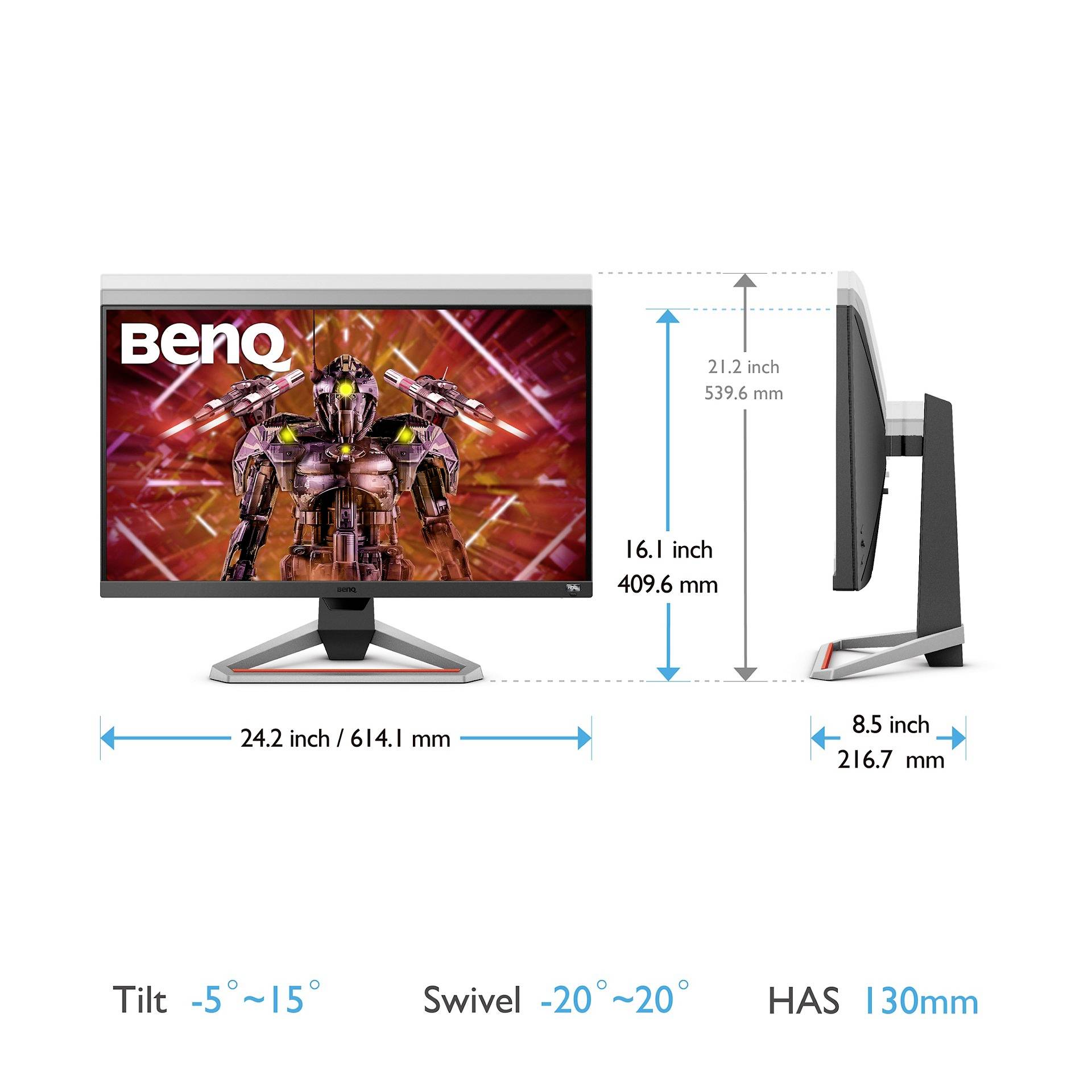 Monitor BenQ z robotem na ekranie. Wymiary: szerokość 61,4 cm, wysokość 53,6 cm, głębokość 21,6 cm. Pochylenie -5° do 15°, obrót -20° do 20°, regulacja wysokości 130 mm.