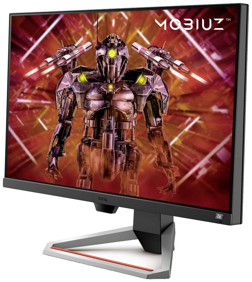 Monitor do gier przedstawia futurystyczny design robota z podświetlanymi akcentami na tle neonowoczerwonym.