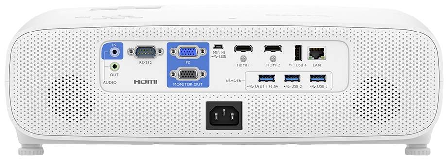 Tylna cześć projektora z gniazdami: HDMI, VGA, USB, Audio, złączem zasilania i LAN.