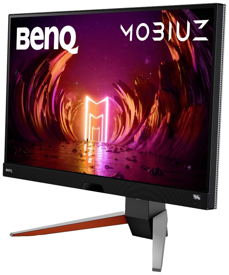 Monitor gamingowy BenQ MOBIUZ z futurystycznym, cyfrowym tłem artystycznym, prezentujący świecące kolory i geometryczne kształty.