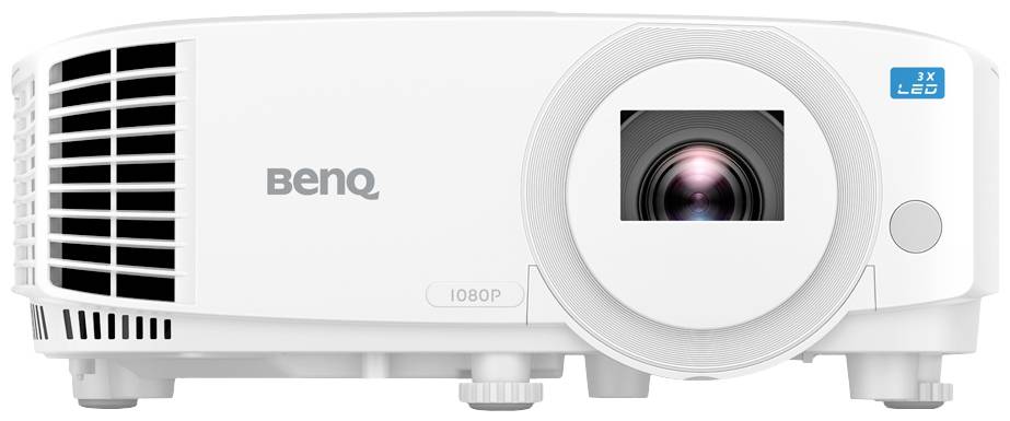 Biały projektor BenQ z rozdzielczością 1080p i wyświetlaczem LED, odpowiedni do prezentacji lub zastosowań w domowym kinie.