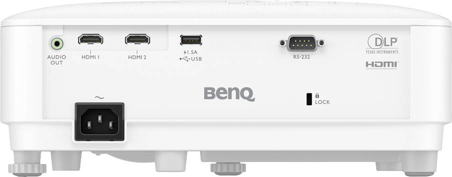 Tylna ściana projektora z gniazdami: dwa wejścia HDMI, port USB, wyjście audio, RS-232. Oznaczona logo marki oraz informacją o technologii DLP.