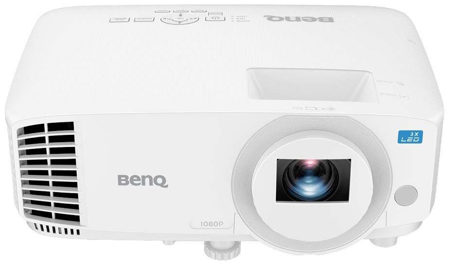 Biały projektor BenQ z widocznym obiektywem z przodu, odpowiedni do domowego kina lub prezentacji. Na górnej powierzchni znajdują się przyciski sterujące.