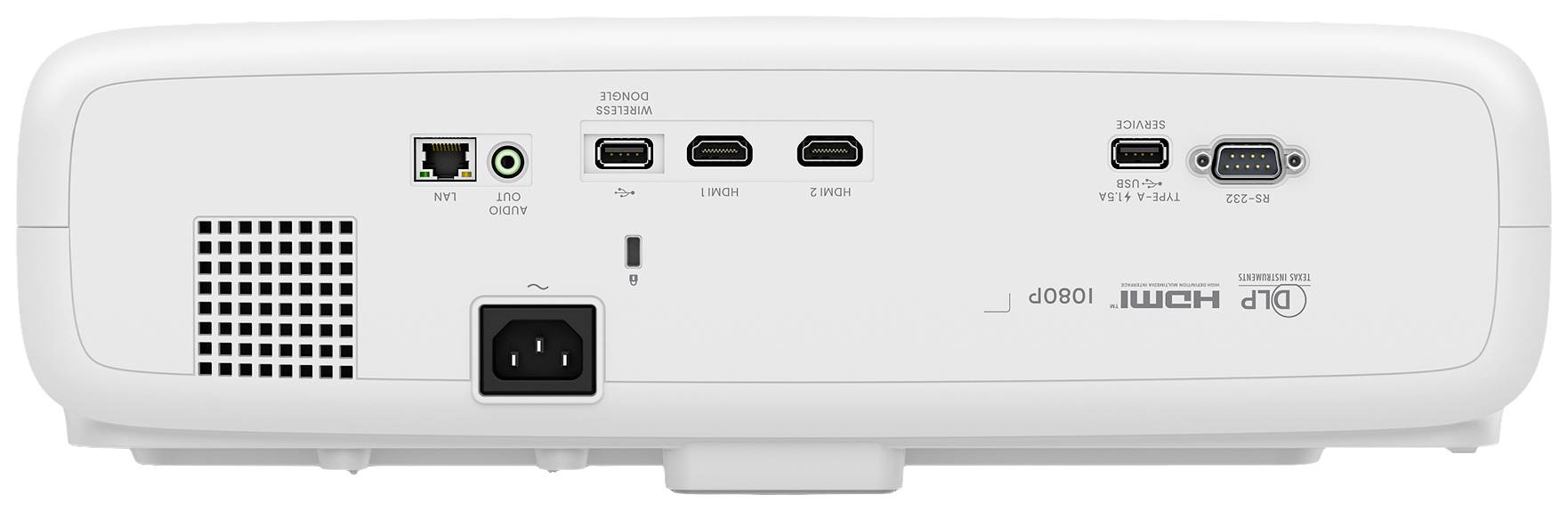 Tylna strona projektora z różnymi złączami, w tym HDMI, USB, LAN oraz złączem zasilania.