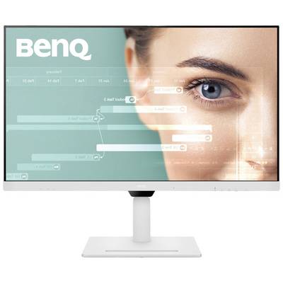 Monitor z logo 'BenQ' wyświetla zbliżenie oka oraz grafiki ekranowe. Temat: jakość obrazu i technologia.