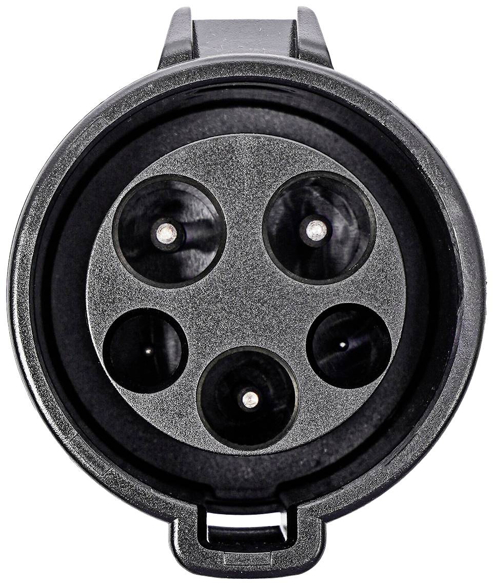 Zbliżenie złącza elektrycznego z czterema okrągłymi gniazdami, typowo stosowanego w ładowarkach do pojazdów elektrycznych.